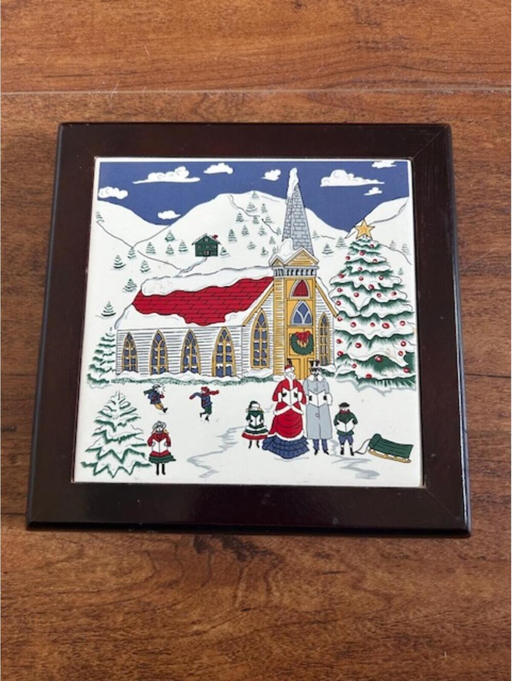 Vintage Winter Scene Decorative Wall Tile or Trivet with Wooden Frame